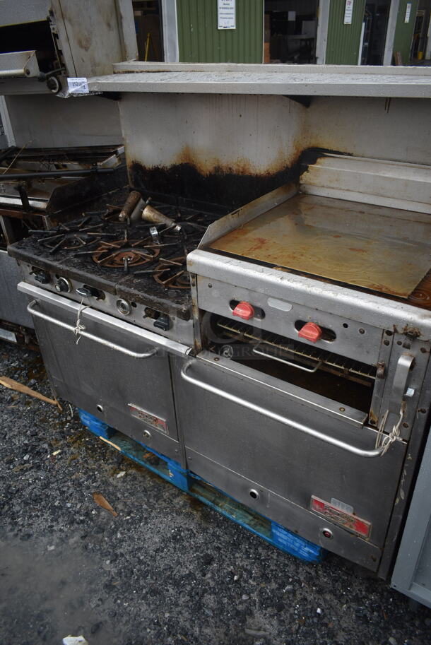 Franklin Chef Stainless Steel Commercial Natural Gas Powered 6 Burner Range w/ Right Side Flat Top Griddle, 2 Ovens, Over Shelf and Back Splash.  - Image 1 of 4