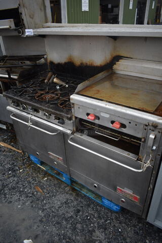 Franklin Chef Stainless Steel Commercial Natural Gas Powered 6 Burner Range w/ Right Side Flat Top Griddle, 2 Ovens, Over Shelf and Back Splash. 