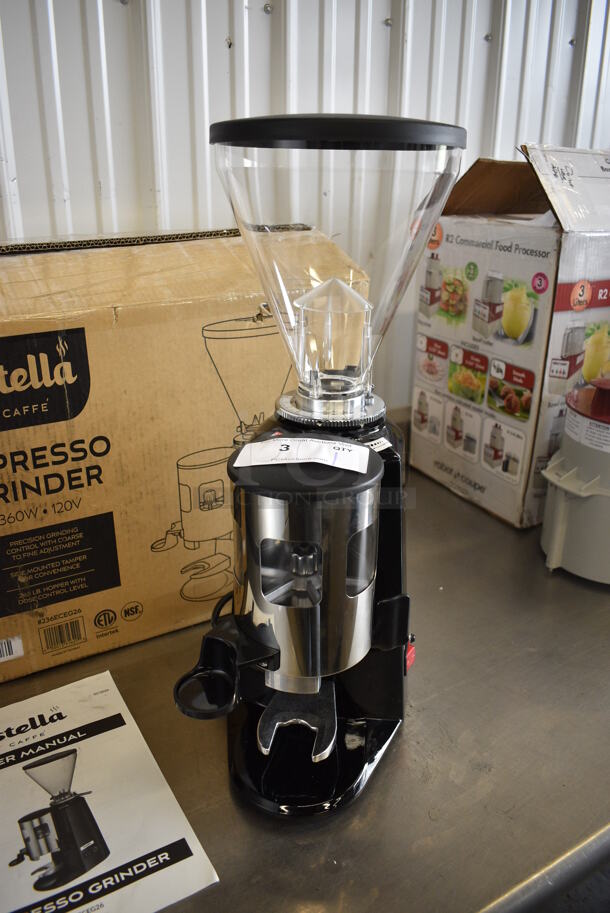 BRAND NEW IN BOX! Estella Model 236ECEG26 Metal Commercial Countertop Espresso Bean Grinder w/ Hopper. Unit Was Only Used as a Demonstration at Trade Shows. 110/120 Volts, 1 Phase. 9x14x22. Tested and Working! - Image 3 of 8