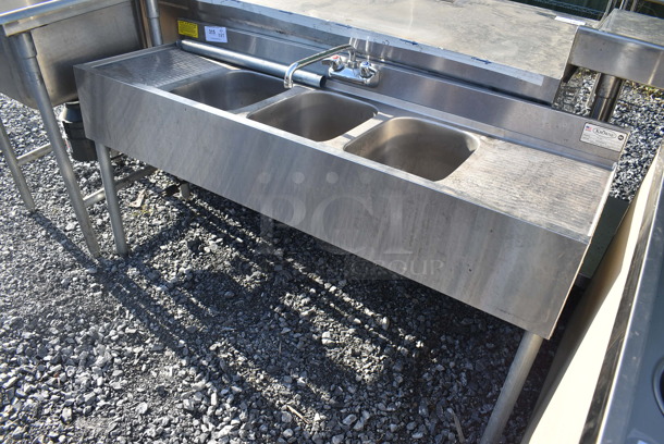 Krowne 18-53C Stainless Steel Commercial 3 Bay Back Bar Sink w/ Dual Drain Boards. 60x19x32. Bays 10x14x10. Drain Boards 16x12x1 - Image 7 of 7