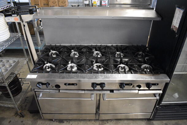 Garland SunFire Stainless Steel Commercial Natural Gas Powered 10 Burner Range w/ 2 Ovens, Over Shelf and Back Splash on Commercial Casters. 59x34x56