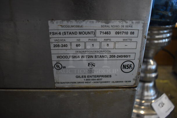 Giles FSH-6 Stainless Steel Commercial Ventless Hood w/ 2 NEW Filters. 208-240 Volts, 1 Phase. 72x45x38 - Image 10 of 10