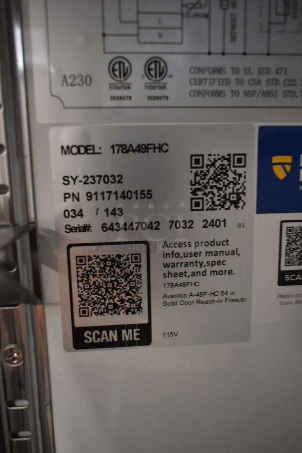 BRAND NEW SCRATCH AND DENT! 2024 Avantco 178A49FHC Stainless Steel Commercial 2 Door Reach In Freezer w/ Poly Coated Racks on Commercial Casters. 115 Volts, 1 Phase. Tested and Working! - Image 7 of 7