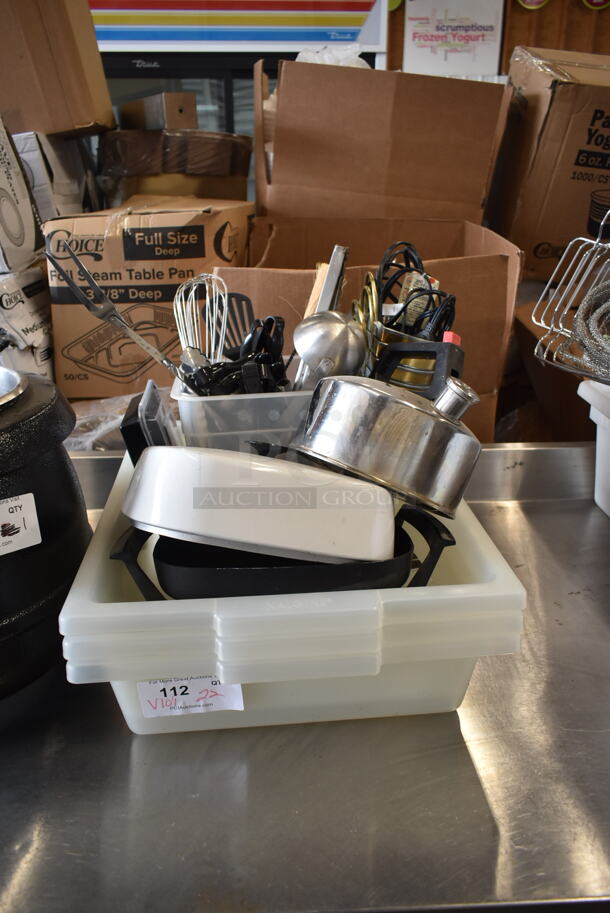 ALL ONE MONEY! Lot of Various Items Including Poly Bins, Utensils and Metal Tea Pot  - Image 1 of 9