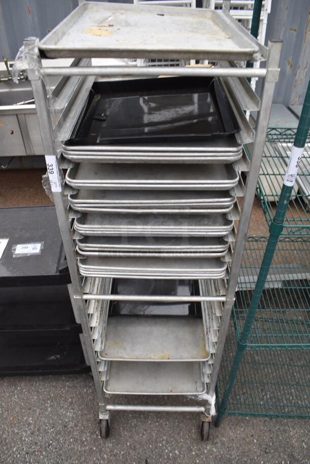 Metal Commercial Pan Transport Rack on Commercial Casters w/ 21 Metal Full Size Baking Pans.