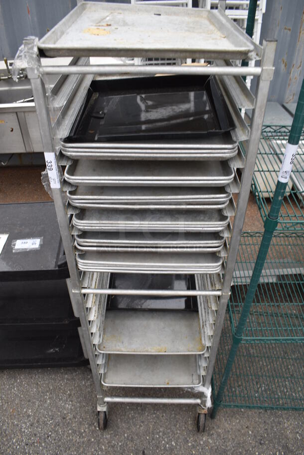 Metal Commercial Pan Transport Rack on Commercial Casters w/ 21 Metal Full Size Baking Pans. - Image 1 of 1
