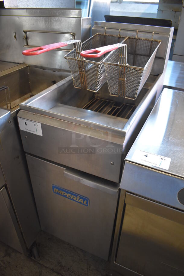 Imperial Stainless Steel Commercial Floor Style Natural Gas Powered Deep Fat Fryer w/ 2 Metal Baskets on Commercial Casters. 15.5x31x46 - Image 2 of 7