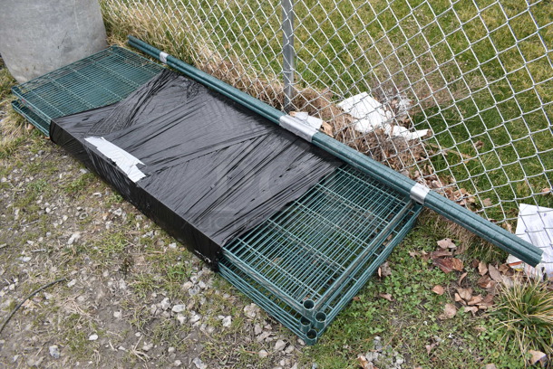 ALL ONE MONEY! Lot of 4 Green Finish Wire Shelves and 4 Poles. 72x24x1.5, 85" - Image 2 of 3