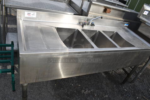 Stainless Steel Commercial 3 Bay Bar Sink w/ Dual Drain Boards, Faucet and Handles. 60x22x34. Bays 10x14x10. Drain Boards 14x10x1