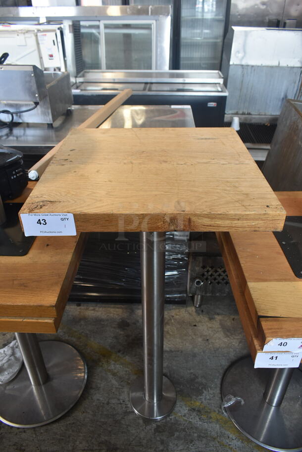 Wooden Butcher Block Bar Height Table on Chrome Finish Metal Table Base. Stock Picture - Cosmetic Condition May Vary. - Image 1 of 3