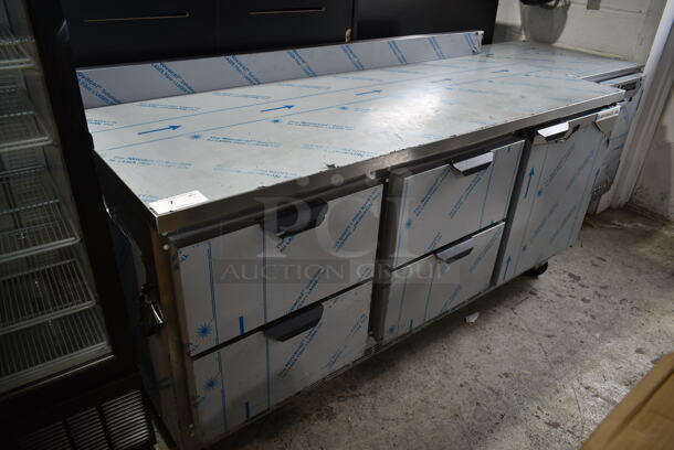 LIKE NEW! Beverage Air WTRD72AHC-4-FIP Stainless Steel Commercial Work Top Cooler w/ Door and 4 Drawers on Commercial Casters. 115 Volts, 1 Phase. Tested and Working!
