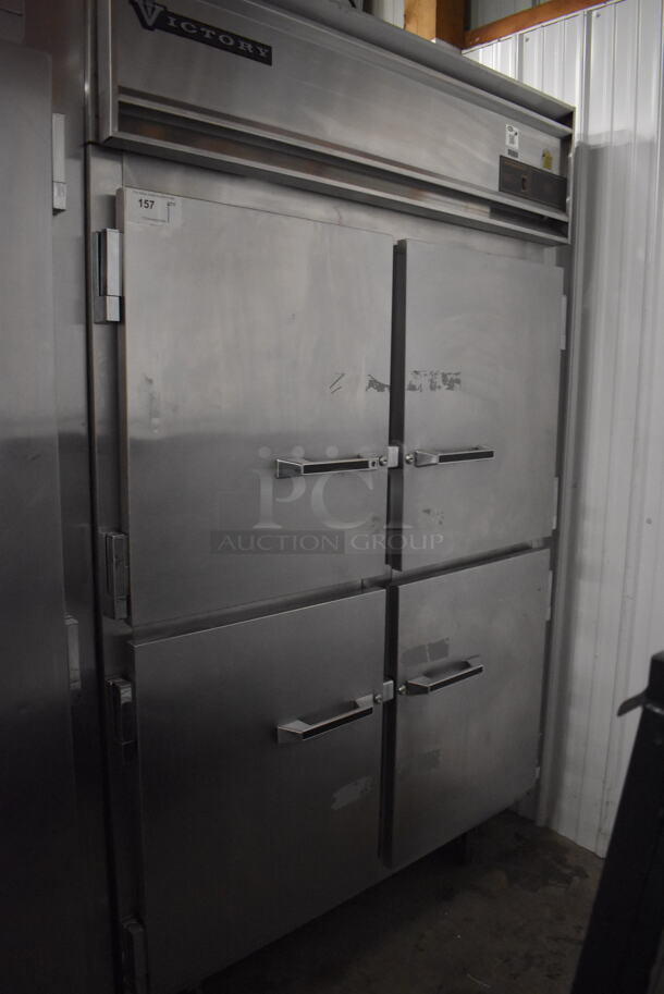Victory Stainless Steel Commercial 4 Half Size Door Reach In Cooler w/ Poly Coated Racks on Commercial Casters. 52x36x84. Tested and Working!