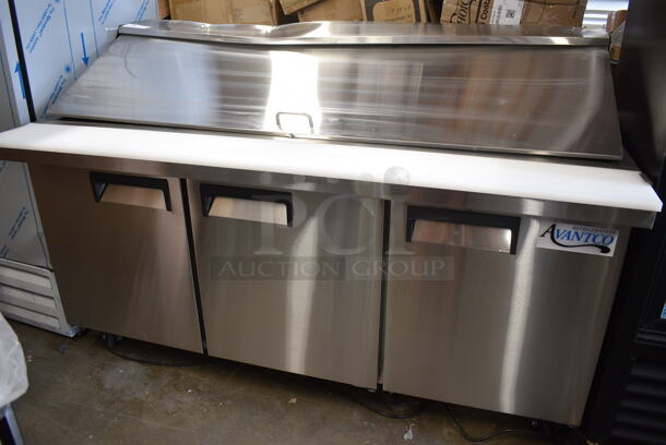 BRAND NEW SCRATCH AND DENT! 2023 Avantco 178APT71MHC Stainless Steel Commercial Sandwich Salad Prep Table Bain Marie Mega Top on Commercial Casters. 115 Volts, 1 Phase. Tested and Working! - Image 2 of 10