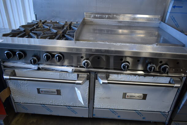 BRAND NEW SCRATCH AND DENT! Garland G60-4G36RR Stainless Steel Commercial Natural Gas Powered 4 Burner Range w/ Flat Top, 2 Ovens, Over Shelf and Back Splash.  - Image 5 of 10