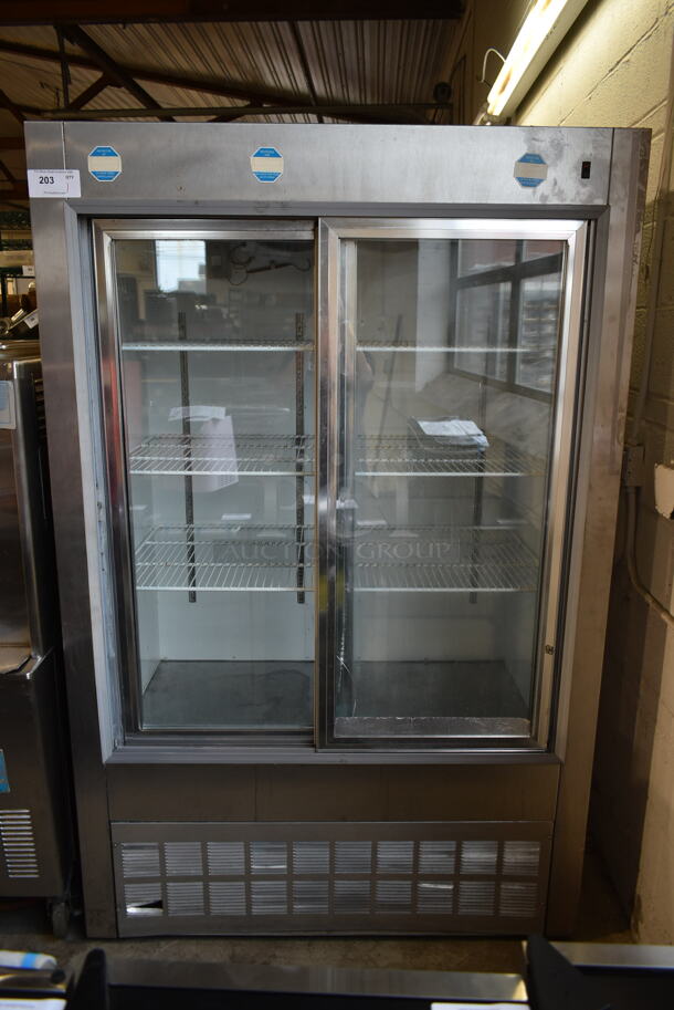 Leader Stainless Steel Commercial 2 Door Reach In Cooler Merchandiser w/ Poly Coated Racks. 115 Volts, 1 Phase. Cannot Test - Unit Was Previously Hardwired
