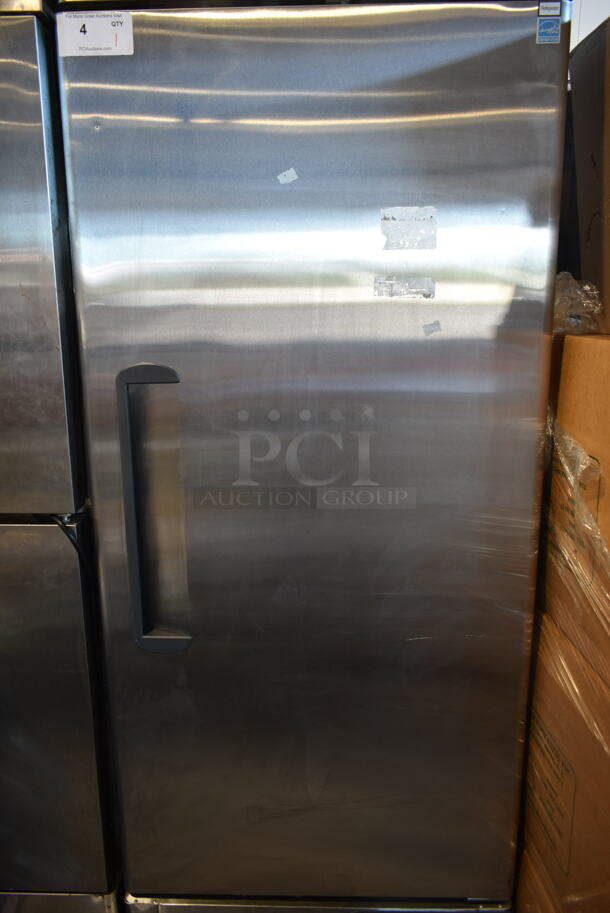 BRAND NEW SCRATCH AND DENT! 2020 Migali C-1RB-HC Stainless Steel Commercial Single Door Reach In Freezer w/ Poly Coated Racks on Commercial Casters. 115 Volts, 1 Phase. Tested and Powers On But Does Not Get Cold - Image 6 of 10