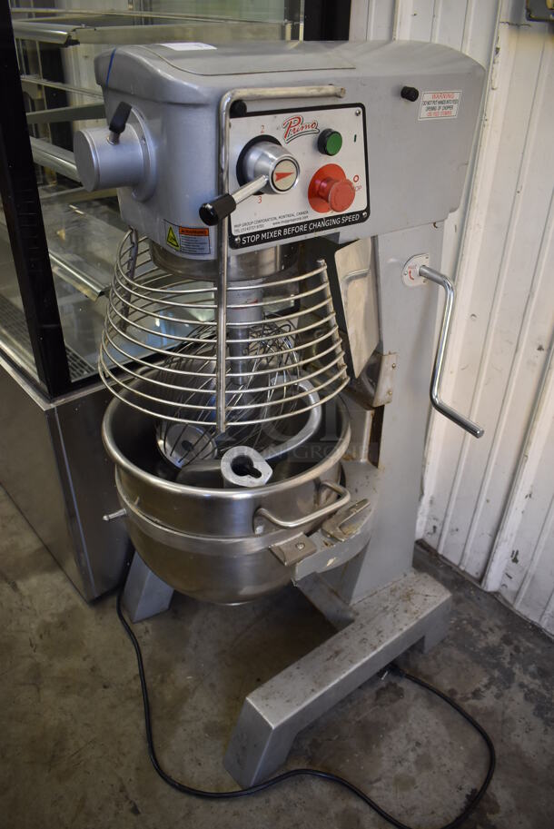 PrepPal PM30 Metal Commercial Floor Style 30 Quart Planetary Dough Mixer w/ Stainless Steel Mixing Bowl, Bowl Guard, Whisk, Dough Hook and Paddle Attachments. 110 Volts, 1 Phase. 24x23x45. Cannot Test - Bowl Lift Does Not Raise
