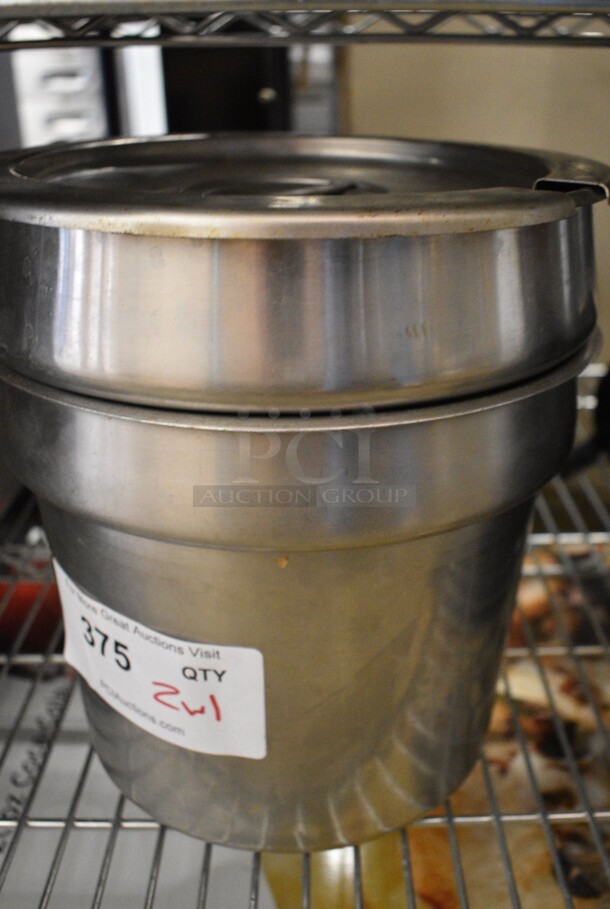 2 Stainless Steel Cylindrical Bins w/ 1 Lid. 9.5x9.5x8. 2 Times Your Bid!