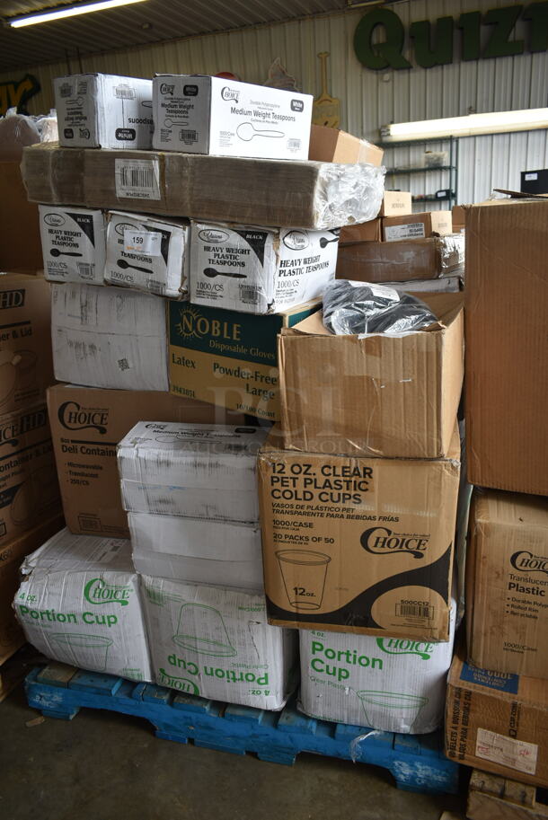 PALLET LOT of 35 BRAND NEW Boxes Including 2 Box 130WSPOON Choice Medium Weight White Plastic Teaspoon - 1000/Case, 245CB12PLN Choice 12" x 12" x 2" Kraft Customizable Corrugated Plain Pizza Box - 50/Case, 3 Box 130HSBK1M Visions Black Heavy Weight Plastic Teaspoon - Case of 1000, 394385L Noble Products White Powder-Free Disposable Latex Gloves for Foodservice - Large - 1000/Case, 127RD8COMBO Choice 8 oz. Customizable Microwavable Clear Round Deli Container and Lid Combo Pack - 250/Case, 127P400C Choice Clear Plastic Souffle Cup, 3 Box Choice 4 oz Portion Cups, 500CC12 12 oz. Plastic Cold Cup - 1000/Case, 3 Box Cambro 30HPD150 1/3 Size Amber High Heat Drain Tray, Noble X Large Gloves, 130HBKCUTFW Visions Individually Wrapped Black Heavy Weight Plastic Fork - 1000/Case. 35 Times Your Bid! - Image 1 of 9
