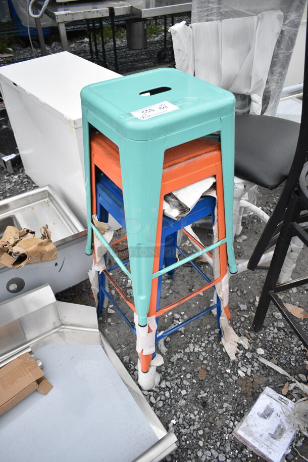 3 BRAND NEW SCRATCH AND DENT! Metal Tolix Style Bar Height Stool; Seafoam, Orange and Blue. 3 Times Your Bid!  - Image 3 of 4