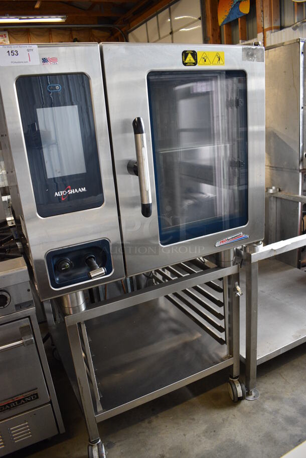 2018 Alto Shaam Model CTP6-10G Stainless Steel Commercial Natural Gas Powered Convection Oven w/ View Through Door on Metal Equipment Stand w/ Commercial Casters. 48,000 BTU. 36x36x62