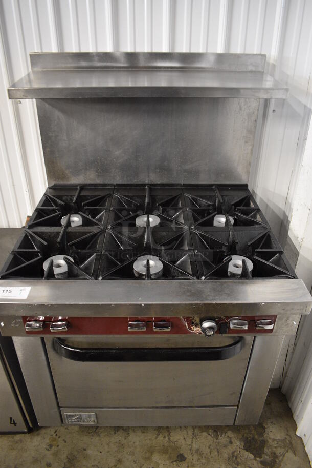 Southbend X436D Stainless Steel Commercial Natural Gas Powered 6 Burner Range w/ Oven, Over Shelf and Back Splash. 36x34x59