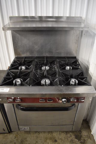 Southbend X436D Stainless Steel Commercial Natural Gas Powered 6 Burner Range w/ Oven, Over Shelf and Back Splash. 36x34x59