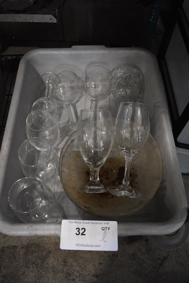 ALL ONE MONEY! Lot of Various Glasses and 2 Glass Bowls in Gray Bus Bin! 
