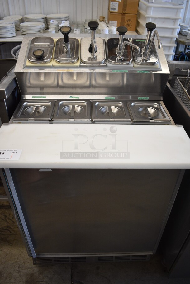 Silver King Model SKF2A Stainless Steel Commercial Refrigerated Station w/ 9 Drop Ins, 5 Lids and 4 Pump Lids on Commercial Casters. 115 Volts, 1 Phase. 27x31x60. Tested and Working!