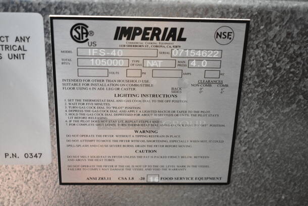 BRAND NEW SCRATCH AND DENT! Imperial IFS-40 Stainless Steel Commercial Floor Style Natural Gas Powered Deep Fat Fryer w/ 2 Metal Fry Baskets. Does Not Have Back Panel. 105,000 BTU.  - Image 7 of 7