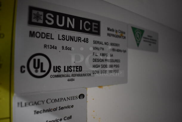 Sun Ice LSUNUR-48 Stainless Steel Commercial 2 Door Undercounter Cooler on Commercial Casters. 115 Volts, 1 Phase. 48x30x35. Tested and Powers On But Does Not Get Cold - Image 6 of 7