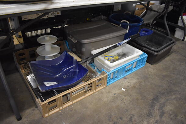 ALL ONE MONEY! Lot of Items Under Table Including Poly Bins, Snow Shovel, 3 Tier Poly Stand