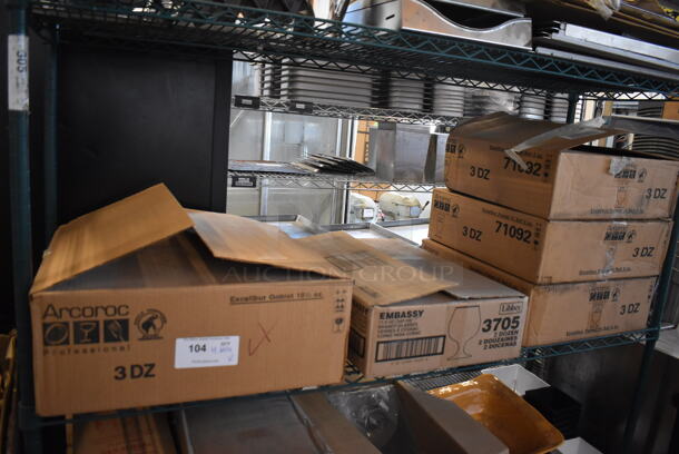 5 Boxes of Various BRAND NEW! Glasses; 3 Boxes of 36 Arcoroc Hi Ball, Box of 24 Embassy Brandy and Box of 36 Arcoroc Excalibur Goblet. 5 Times Your Bid! - Image 1 of 12