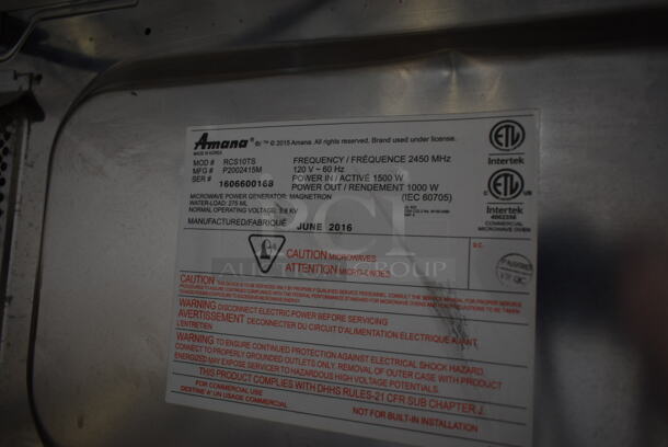 2016 Amana RCS10TS Stainless Steel Commercial Countertop Microwave Oven. 120 Volts, 1 Phase.  - Image 5 of 5