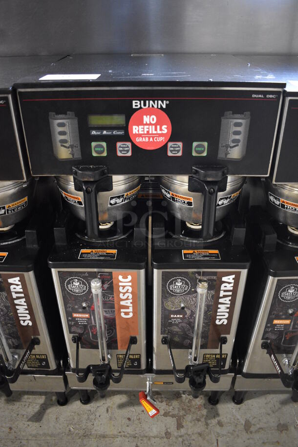 2016 Bunn Model DUAL SH DBC Stainless Steel Commercial Countertop Dual Coffee Machine w/ Hot Water Dispenser, 2 Stainless Steel Brew Baskets and 2 Bunn Model SH SERVER Satellite Servers. 120/208-240 Volts, 1 Phase. 18x24x36. Tested and Working!
