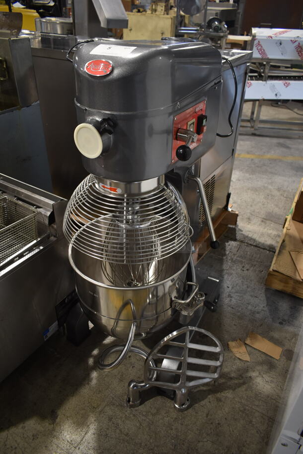 BRAND NEW SCRATCH AND DENT! 2023 Avantco 177MX40H Metal Commercial Floor Style 40 Quart Planetary Dough Mixer w/ Stainless Steel Mixing Bowl, Bowl Guard, Whisk, Dough Hook and Paddle Attachments. 240 Volts, 1 Phase. 