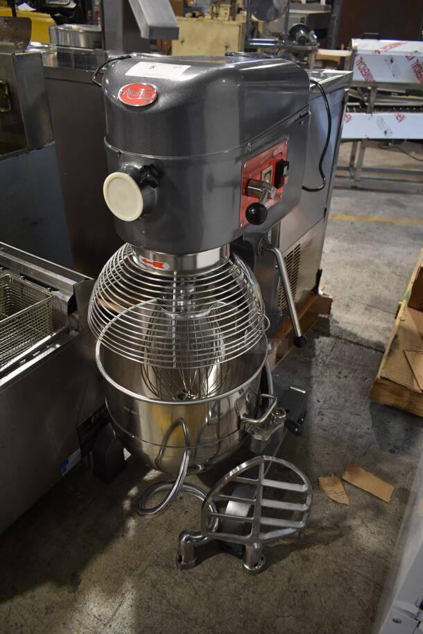 BRAND NEW SCRATCH AND DENT! 2023 Avantco 177MX40H Metal Commercial Floor Style 40 Quart Planetary Dough Mixer w/ Stainless Steel Mixing Bowl, Bowl Guard, Whisk, Dough Hook and Paddle Attachments. 240 Volts, 1 Phase.  - Image 1 of 10