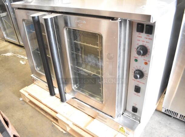 BRAND NEW SCRATCH AND DENT! 2024 Cooking Performance Group CPG 351FEC100C Stainless Steel Commercial Electric Powered Full Size Convection Oven w/ View Through Doors, Metal Oven Racks, Legs and Thermostatic Controls. 208 Volts, 3 Phase.  - Image 2 of 6