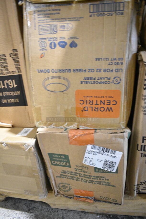 PALLET LOT of 24 BRAND NEW Boxes Including 90HT3 Dart Foam Containers, 16RCLBLK Dart Optima Black Travel Lid, 2 Box 500CC32P Plastic Cold Cup, 43312CUPC Choice 12-Cup Hinged PET Plastic Cupcake / Muffin Container, Choice Jumbo Straws, CH8DEF Dart ClearPAc SafeSeal Tamper-Resistant Hinged Container, BOL-SC-UBB-LF World Centric 32 oz. Compostable Fiber Burrito Bowl Lid - 300/Case, Garde 181ONBLD14 1/4" Blade Assembly for Onion Slicer - 2/Set, 795KFT24 Choice 24 oz. Rectangular Kraft PE-Lined Microwavable Take-Out Container 6 13/16" x 4 13/16" x 2 1/4" - 300/Case, 500CC9 Choice 9 oz. Clear PET Customizable Plastic Squat Cold Cup - 1000/Case, Dart 16J16 16 oz. White Customizable Foam Cup - 1000/Case, 128HD16COMBO ChoiceHD 16 oz. Microwavable Translucent Plastic Deli Container and Lid Combo Pack - 240/Case, 966TALLFLDN Choice Kraft Dispenser Napkin. 24 Times Your Bid!  - Image 7 of 12