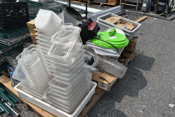 ALL ONE MONEY! Pallet Lot of Plastic Drop-In Bins and Lids, Vitamix, Salad Spinner, 6-Outlet Surge Protector Power Strip, Commercial Casters, AND MORE!  - Image 2 of 6