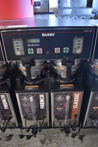 2012 Bunn Model DUAL SH DBC Stainless Steel Commercial Countertop Dual Coffee Machine w/ 2 Stainless Steel Brew Baskets and 2 Bunn Model SH SERVER Satellite Servers. 120/208-240 Volts, 1 Phase. 18x24x36. Tested and Working!