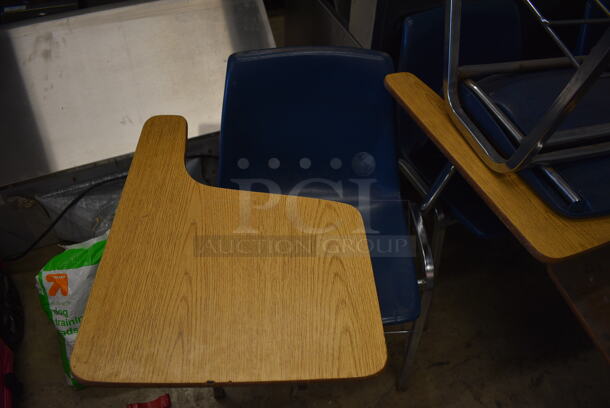 12 Blue Poly Chairs w/ Attached Wood Pattern Desktop. 25x29x28. 12 Times Your Bid! - Image 3 of 4