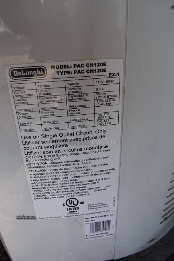 DeLonghi PAC CN120E Metal Portable Air Conditioner. 115 Volts, 1 Phase. 17x15x29. Tested and Working! - Image 3 of 5