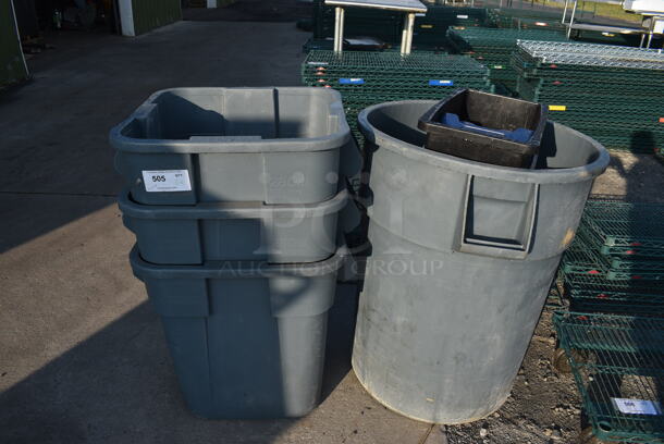 6 Various Poly Trash Cans; 4 Gray and 2 Black Slim Jim. Includes 11x20x30, 25x21x23. 6 Times Your Bid!
