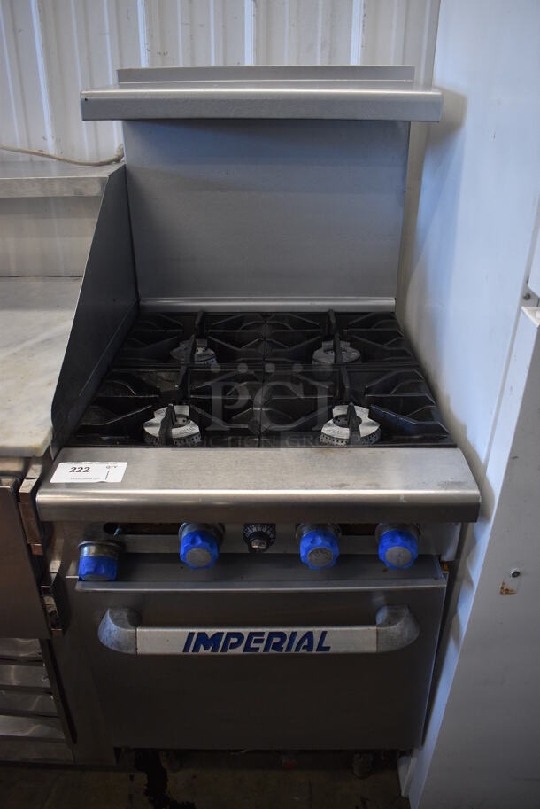 Imperial Stainless Steel Commercial Natural Gas Powered 4 Burner Range w/ Oven, Over Shelf and Back Splash. 24x30x57