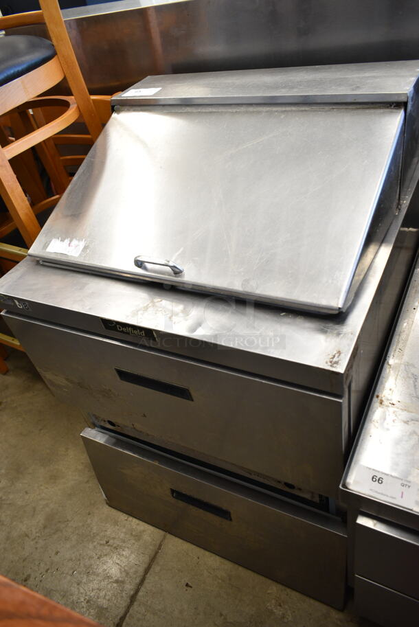 Delfield Stainless Steel Commercial Prep Table. Missing Bottom Drawer and Lid. Tested and Powers On But Does Not Get Cold - Image 1 of 6