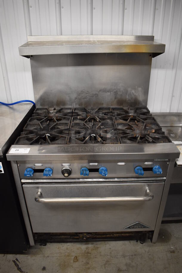 Prince Castle Stainless Steel Commercial Propane Gas Powered 6 Burner Range w/ Oven, Over Shelf and Back Splash. 36x34x60