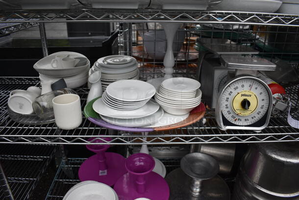 ALL ONE MONEY! Lot of 5 Tiers of Various Smallwares Including White Ceramic Plates, Dish Caddy, Scales, Cake Stands. Does Not Include Shelving Unit - Image 6 of 8