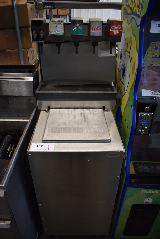 Stainless Steel Commercial 5 Flavor Carbonated Beverage Machine on Stainless Steel Ice Bin. 19x26x56