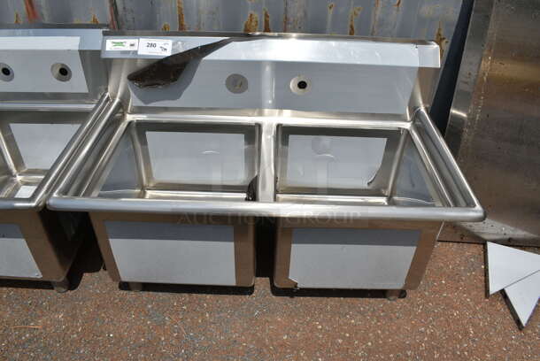 BRAND NEW SCRATCH AND DENT! Regency 600S21717 41" 16-Gauge Stainless Steel Two Compartment Commercial Sink with Galvanized Steel Legs and without Drainboards - 17" x 17" x 12" Bowls. No Legs.  - Image 2 of 6
